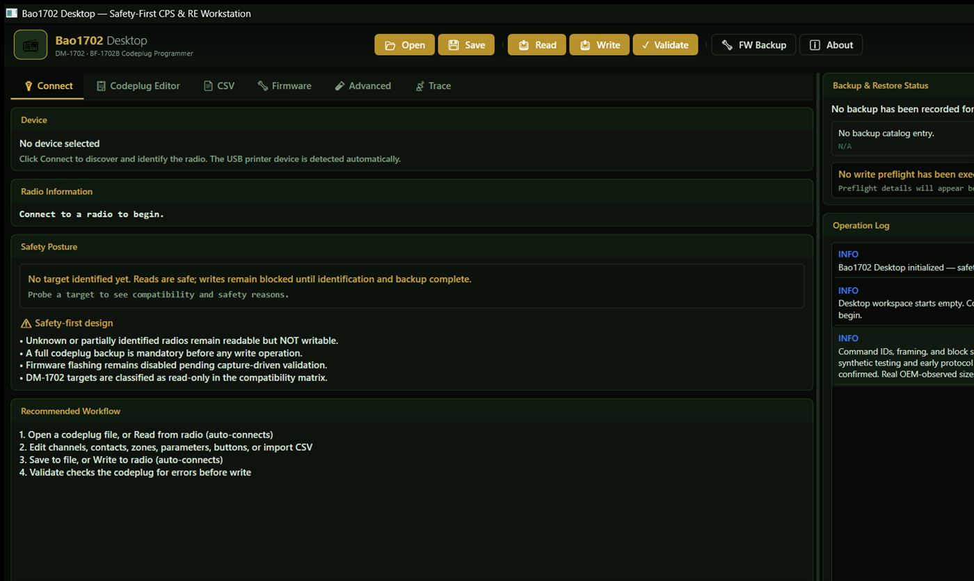 Bao1702 Desktop safety-first codeplug programmer and reverse-engineering workstation