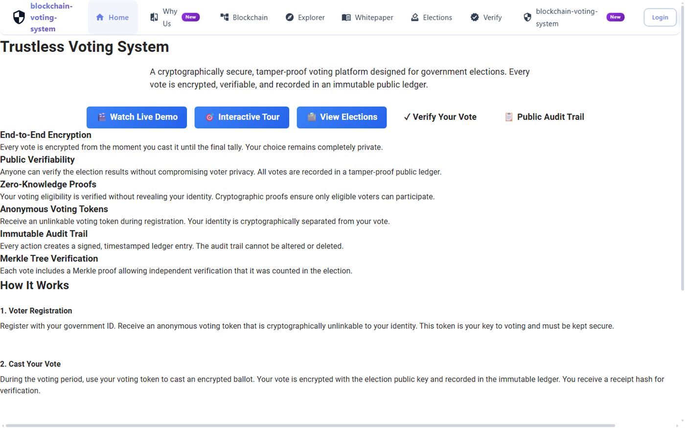 Trustless Voting System landing page describing end-to-end encryption, public verifiability, and zero-knowledge proofs