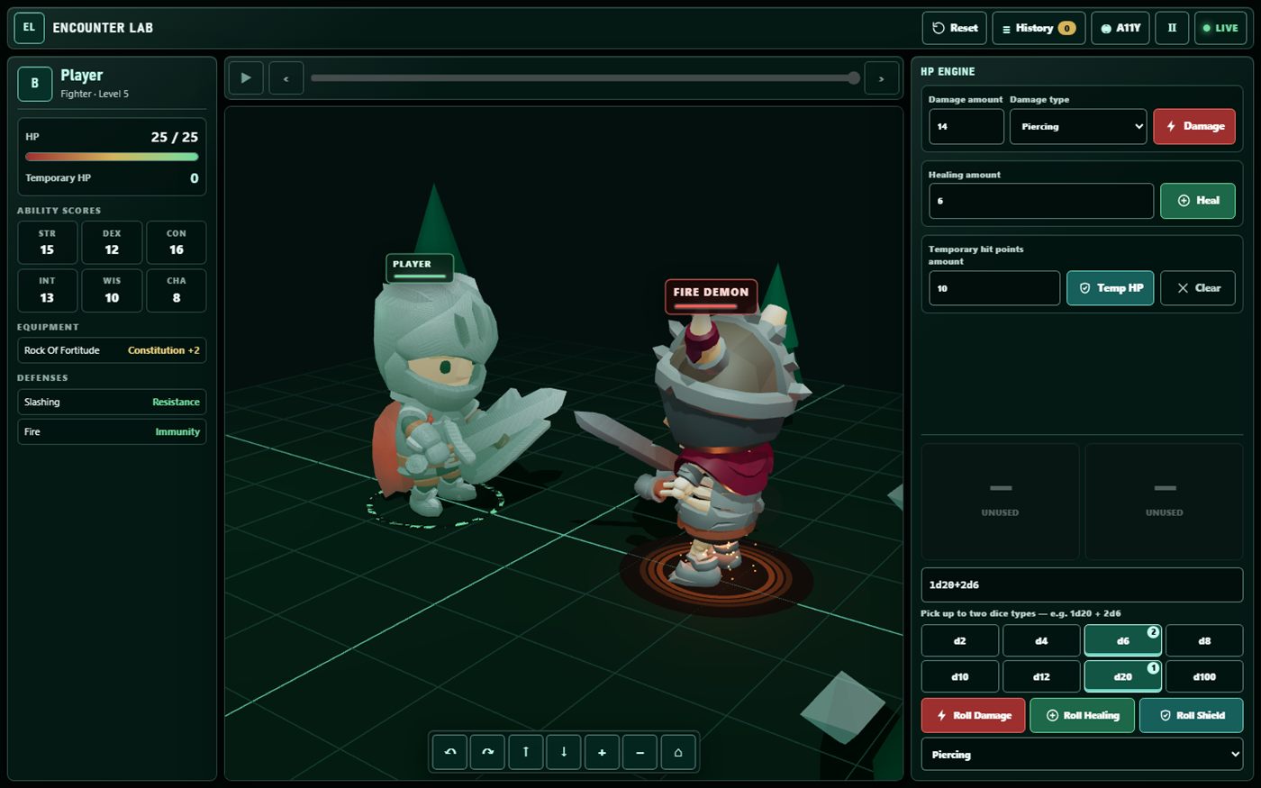 Encounter Lab 3D battlefield showing the Player fighter facing the Fire Demon, with HP engine and dice controls