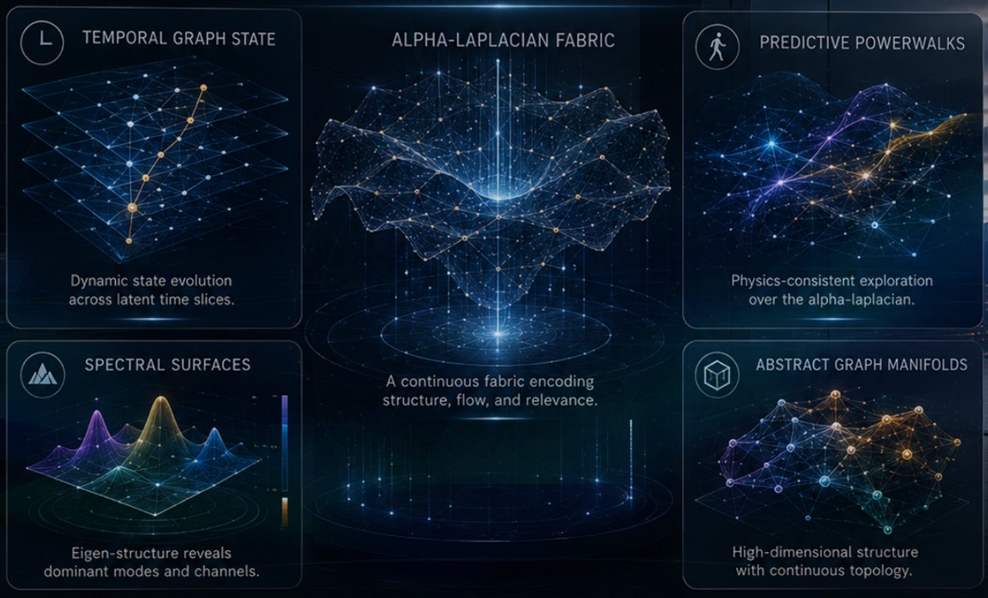 Conceptual diagram of SCCE's temporal graph state, alpha-Laplacian fabric, predictive powerwalks, and spectral surfaces