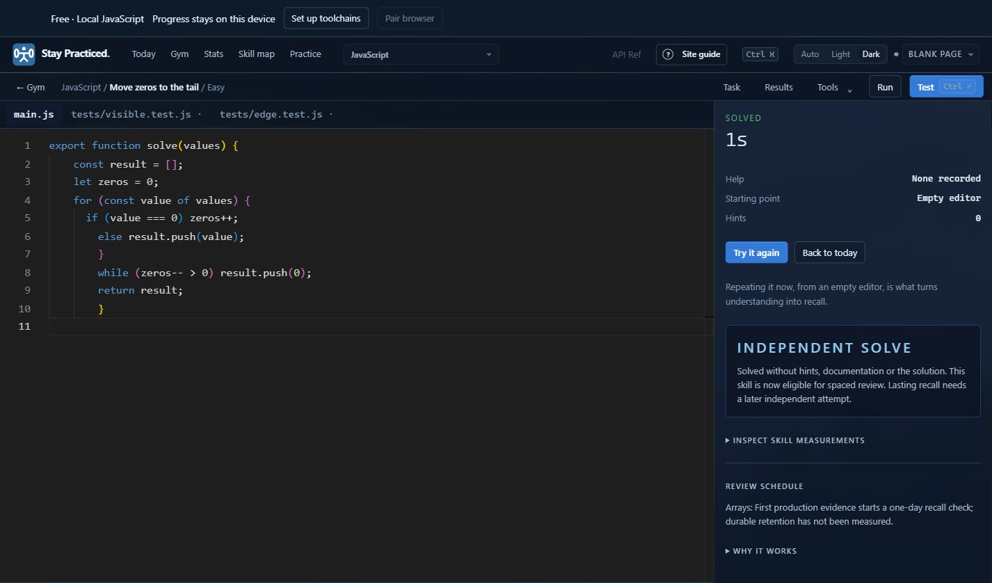 Stay Practiced desktop JavaScript workspace with code, passing tests, feedback and spaced review